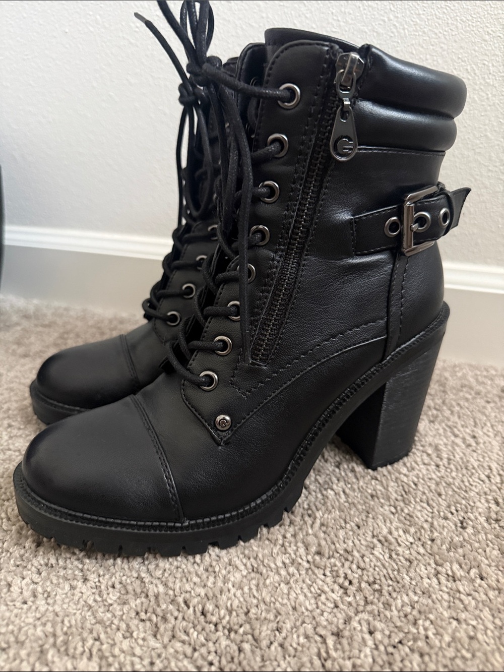 G by Guess Black Lace-Up Platform Combat Boots with Buckle